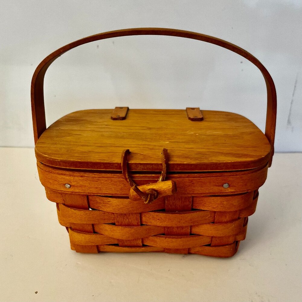 Longaberger Small Basket Warm Brown Hand Woven Swing Handle Signed